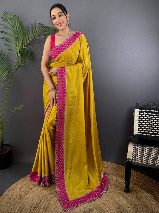 Mustard Poly Chiffon Diamond Swaroski Work Saree