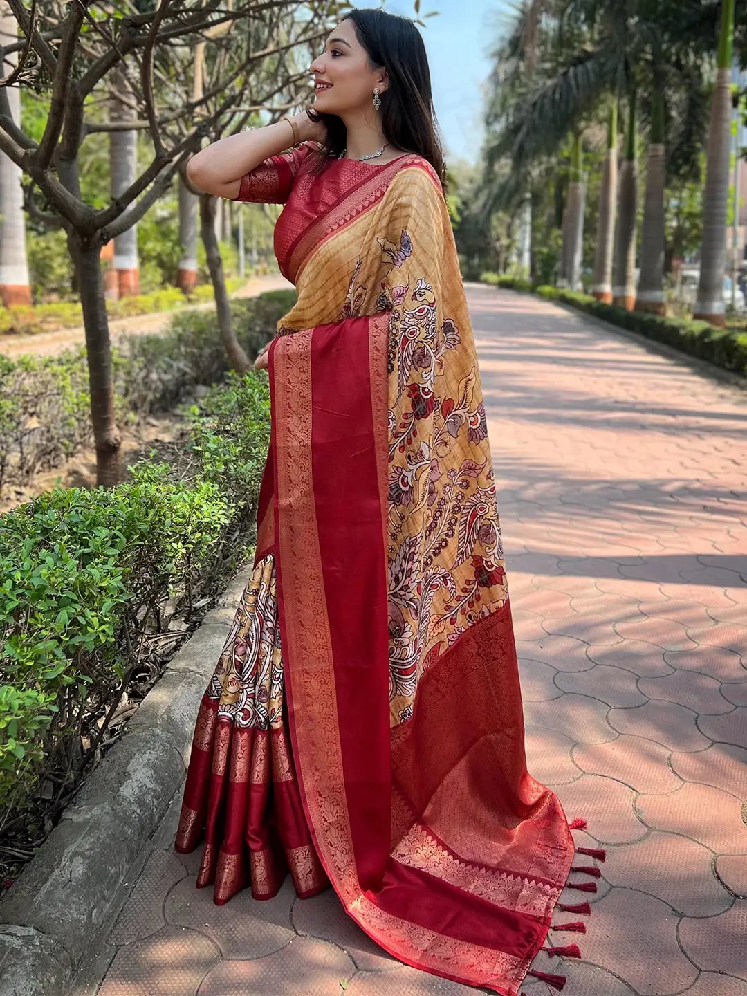 Mustard Double Border Chex Weaving Saree