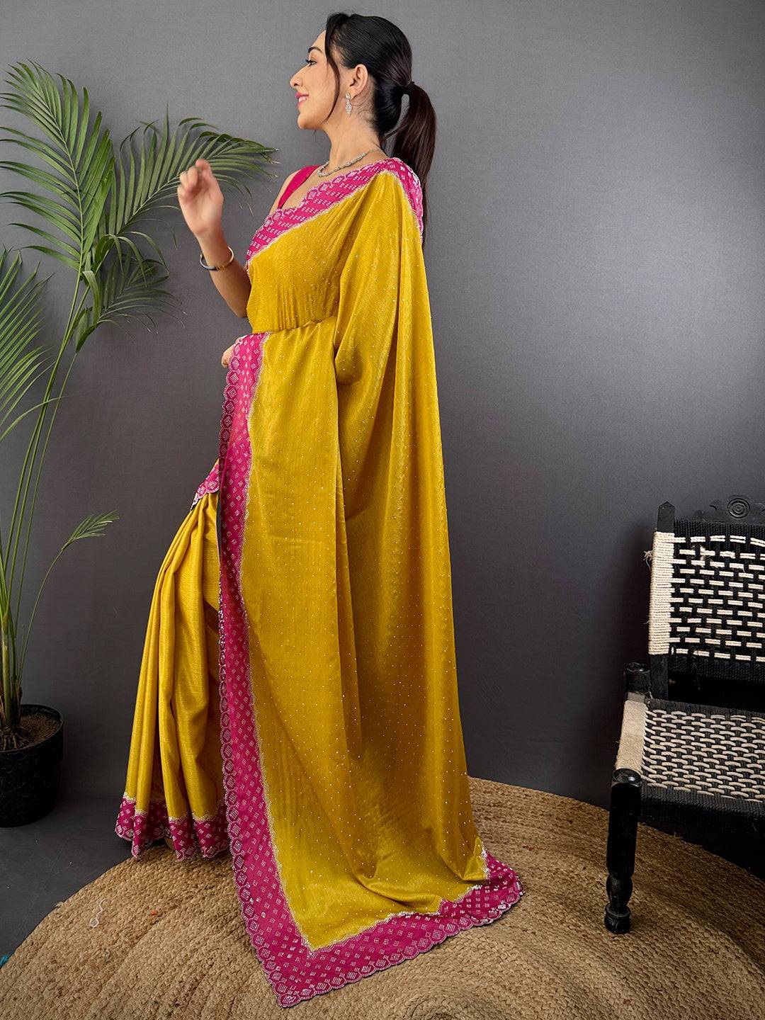 Mustard Poly Chiffon Diamond Swaroski Work Saree