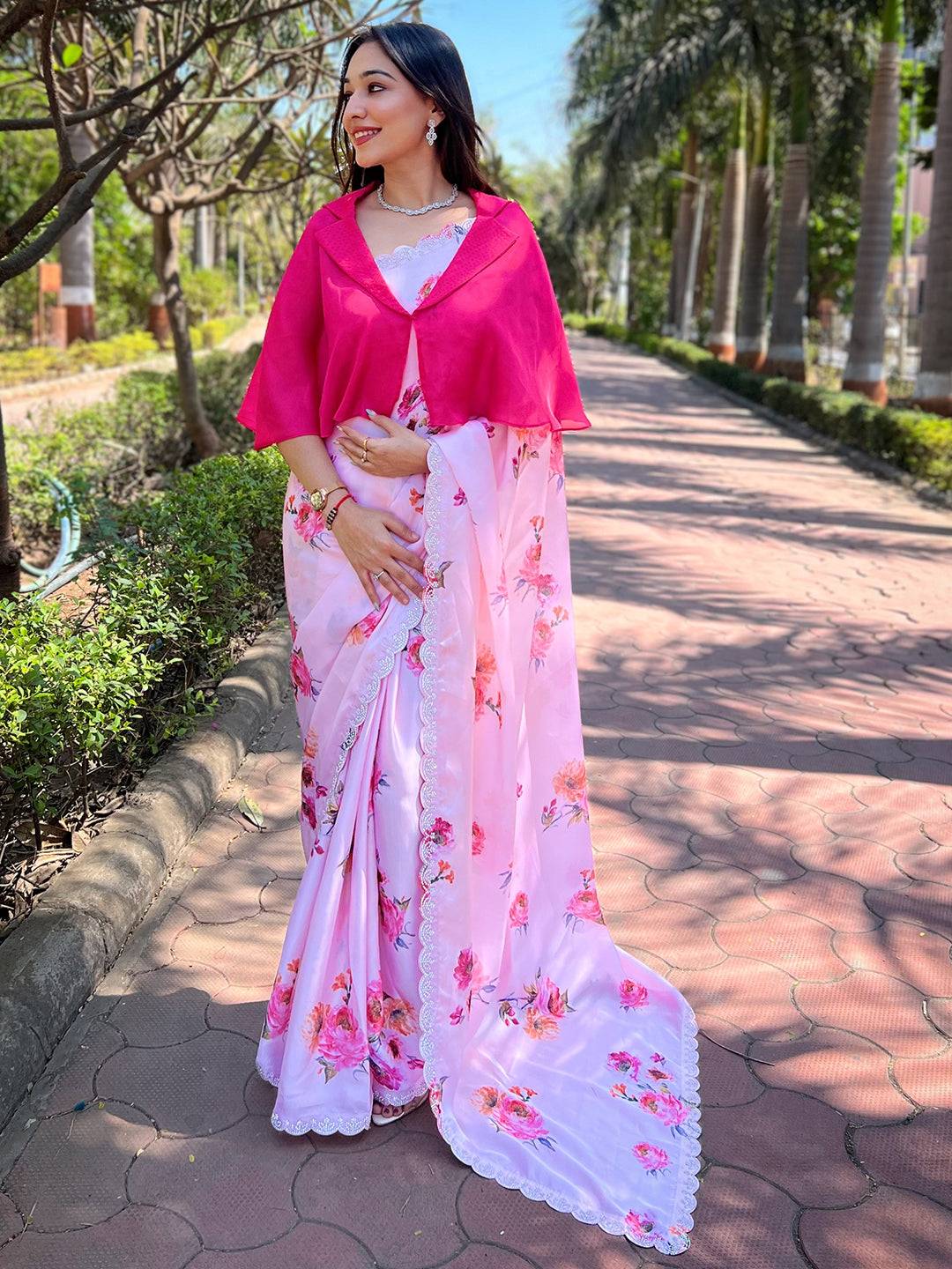 Pink Pure Satin Georgette with Zircon Swarovski Border Saree