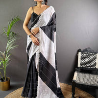 Black And White Poly Chiffon Swaroki Work Saree