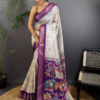 Purple Dola Silk Pen Kalamkari Print Saree