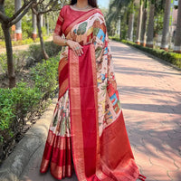 Peach Colour Double Border Chex Weaving Banarasi Soft Silk Saree