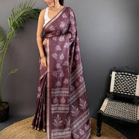 Dark Wine Leaf Print Ghicha Handloom Saree