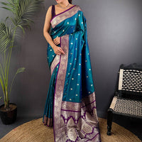 Teal Blue Soft Silk Feather Saree