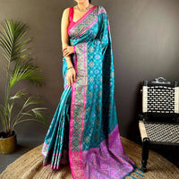 Sky Blue Pochampally Patola Soft Silk Saree