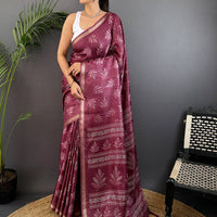 Dark Mauve Leaf Print Ghicha Handloom Saree