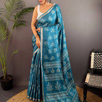 Teal Blue Leaf Print Ghicha Handloom Saree