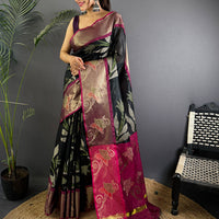 Black Soft Chanderi Pochampally Ikkat Saree