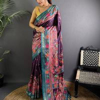 Wine Soft Silk Pashmina Kashmiri Print Saree