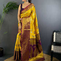 Yellow Dharmavaram Gold Birds Print Saree