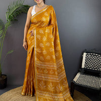 Mustard Leaf Print Ghicha Handloom Saree