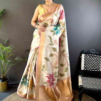 Cream Soft Silk Tissue Floral Print Saree