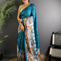 Teal Kalamkari Digital Printed Saree