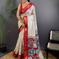 Red Dola Silk Pen Kalamkari Print Saree