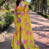 Yellow Pure Satin Georgette with Zircon Swarovski Border Saree