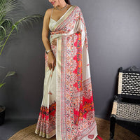 White Soft Silk Pashmina Kashmiri Print Saree