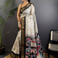Black Dola Silk Pen Kalamkari Print Saree