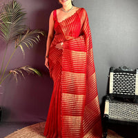 Ethereal Gold Zari Striped Chiffon Saree
