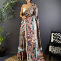 Taupe Kalamkari Digital Printed Saree
