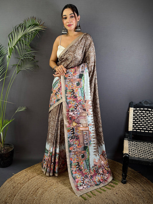 Taupe Kalamkari Digital Printed Saree