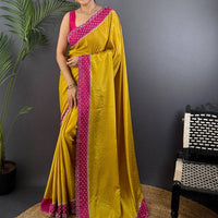 Mustard Poly Chiffon Diamond Swaroski Work Saree
