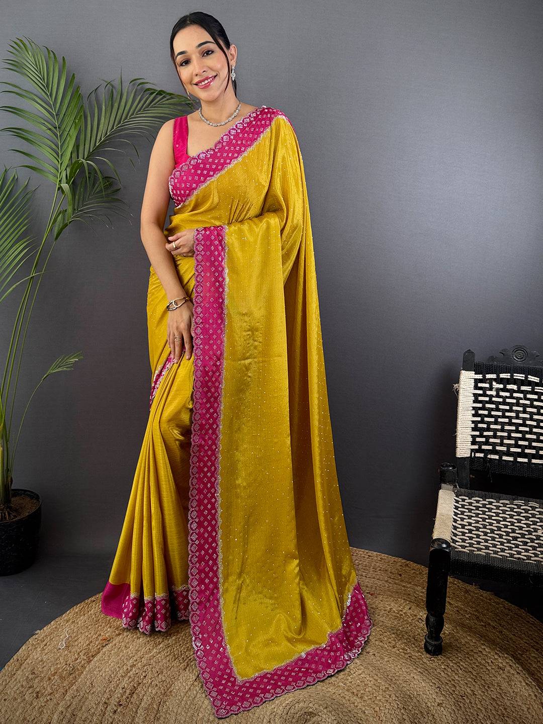 Mustard Poly Chiffon Diamond Swaroski Work Saree