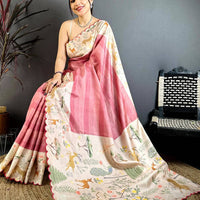 Classic Pink Tussar Thread Cut Work Saree