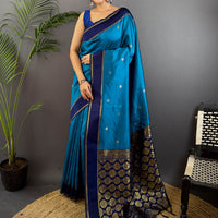 Teal Blue Silk Blend Floral Saree