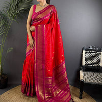 Rose Red Gadwal Border Soft Silk Saree