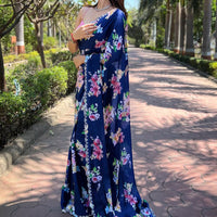Navy Satin Georgette Floral Print Saree
