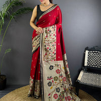 Red Pure Cotton Viscose Kalamkari Print Saree
