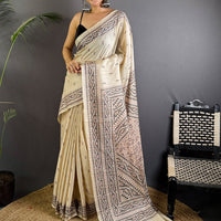 Cream Tussar Silk Madhubani Print Saree