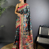 Black Soft Silk Pashmina Kashmiri Print Saree