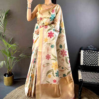 Light Cream Soft Silk Tissue Floral Print Saree