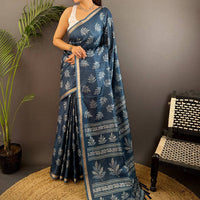 Steel Blue Leaf Print Ghicha Handloom Saree