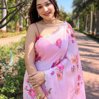 Pink Pure Satin Georgette with Zircon Swarovski Border Saree