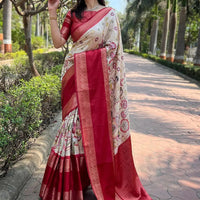 Chiku Colour Double Border Chex Weaving Banarasi Soft Silk Saree