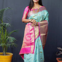 Aqua Floral Zari Banarasi Kanjivaram Silk Saree