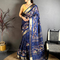 Navy Pen Kalamkari Soft Dola Zari Saree