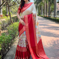 Cream Colour Double Border Chex Weaving Banarasi Soft Silk Saree