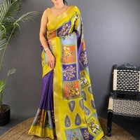 Royal Blue Tussar Kalalmkari Print Saree