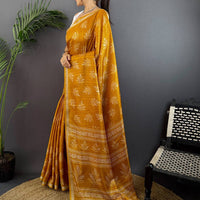 Mustard Leaf Print Ghicha Handloom Saree