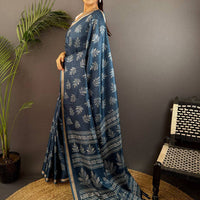 Steel Blue Leaf Print Ghicha Handloom Saree