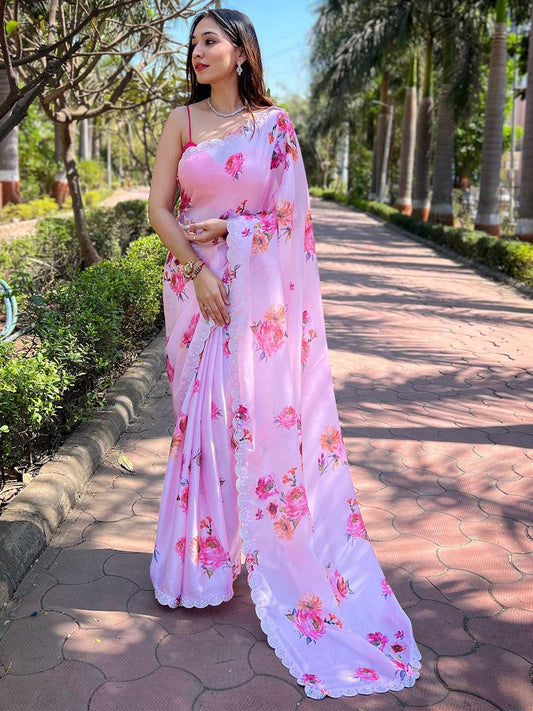 Pink Pure Satin Georgette with Zircon Swarovski Border Saree