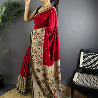 Red Pure Cotton Viscose Kalamkari Print Saree
