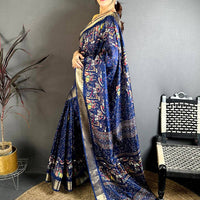 Navy Pen Kalamkari Soft Dola Zari Saree