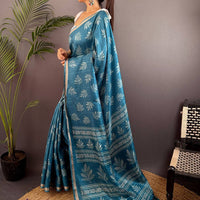 Teal Blue Leaf Print Ghicha Handloom Saree
