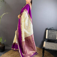 White Gadhwal Pure Soft Silk Saree