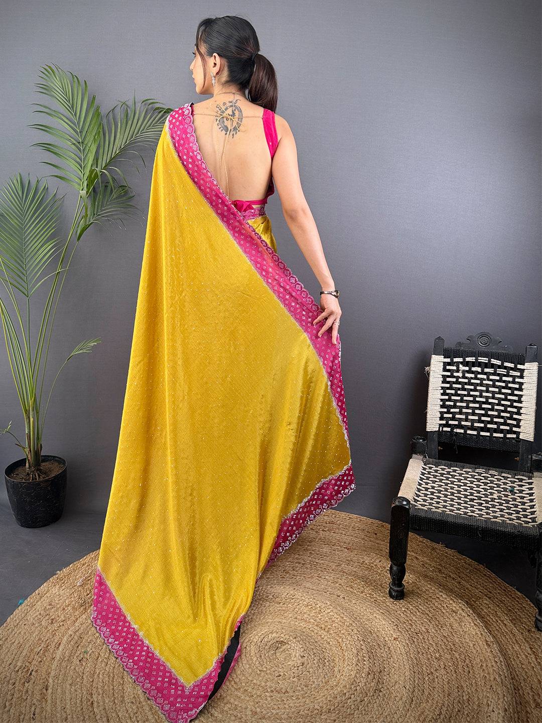 Mustard Poly Chiffon Diamond Swaroski Work Saree
